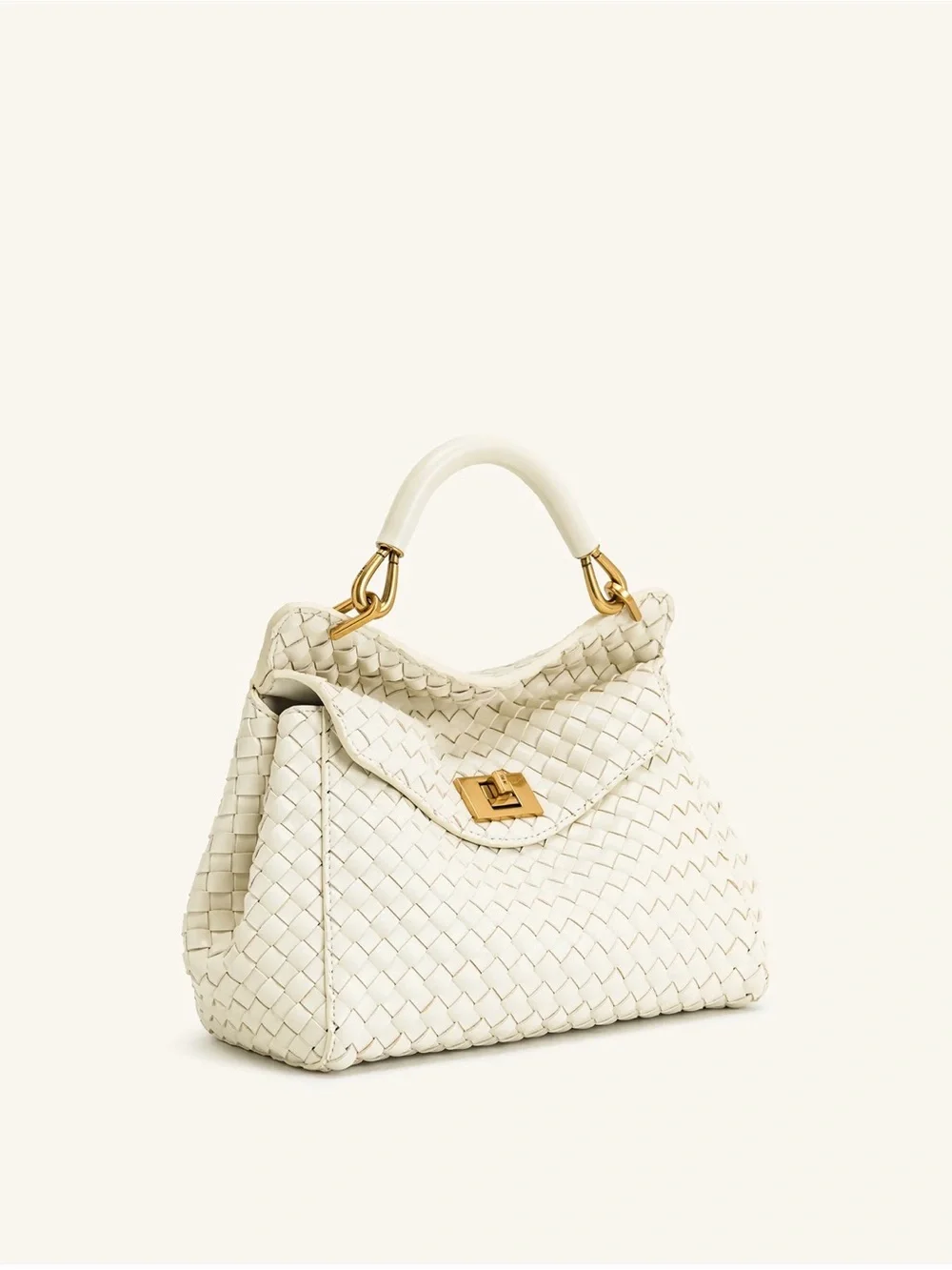 JW PEI Cream Woven Top-Handle Crossbody Bag with Gold Hardware